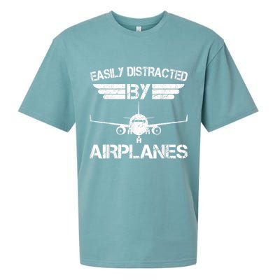 Easily Distracted By Airplanes Aviation Pilot Airplane Lover Sueded Cloud Jersey T-Shirt