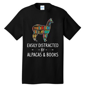 Easily Distracted By Alpacas & Books Lover Gift Vicuna Llama Tall T-Shirt