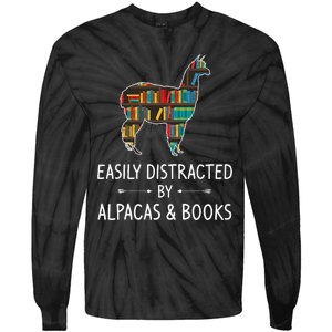 Easily Distracted By Alpacas & Books Lover Gift Vicuna Llama Tie-Dye Long Sleeve Shirt