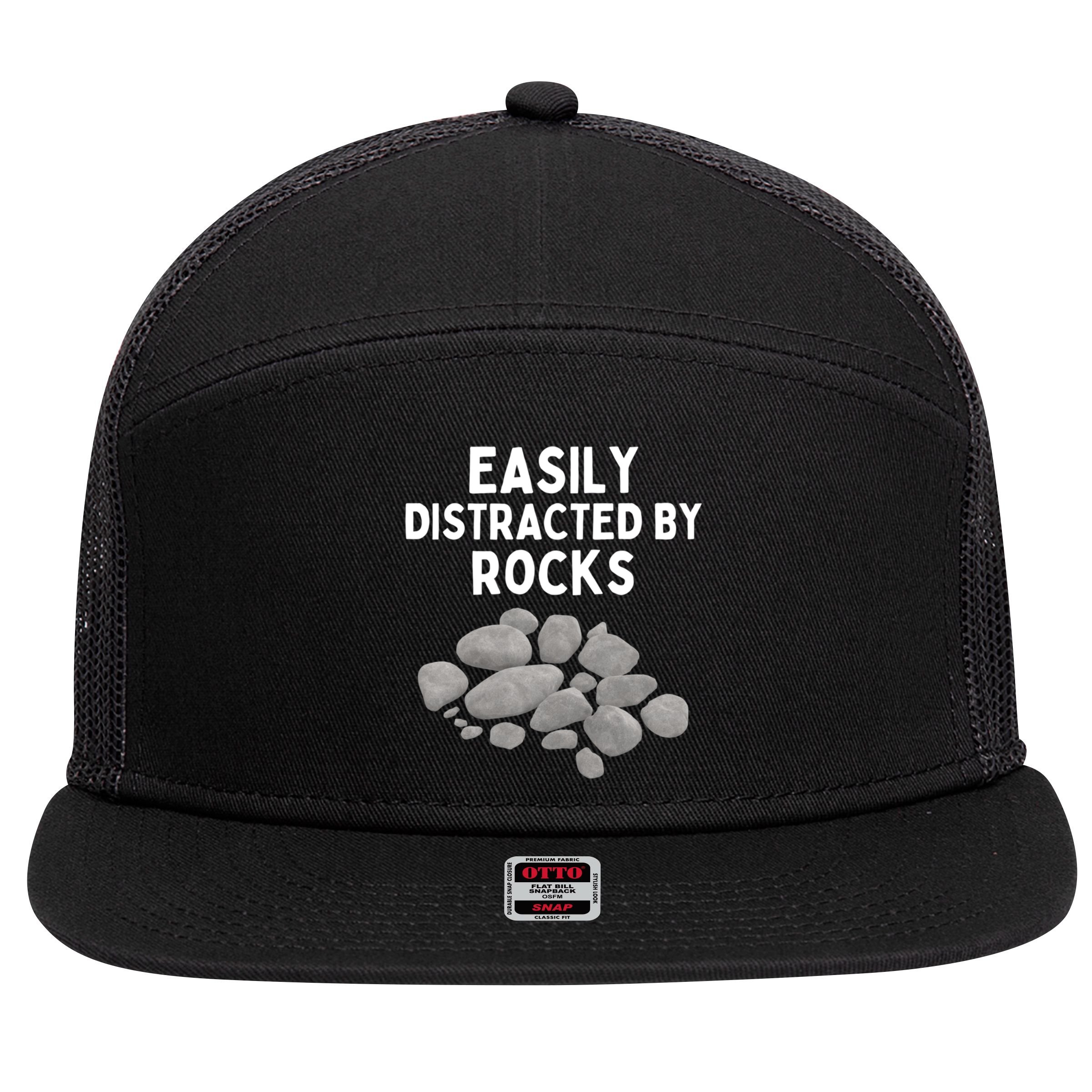Easily Distracted By Rocks Funny Rock Lover Gift 7 Panel Mesh Trucker Snapback Hat