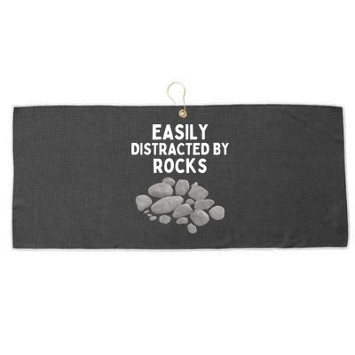 Easily Distracted By Rocks Funny Rock Lover Gift Large Microfiber Waffle Golf Towel