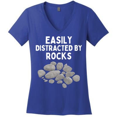 Easily Distracted By Rocks Funny Rock Lover Gift Women's V-Neck T-Shirt