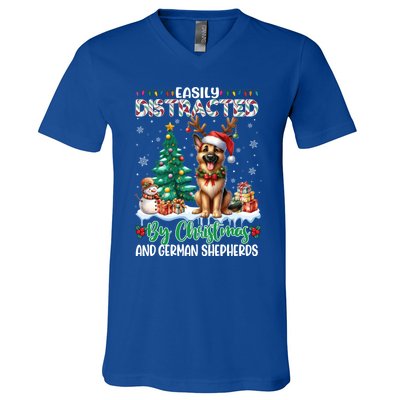 Easily Distracted By Christmas And Ger Shepherds Dog Xmas Swea V-Neck T-Shirt