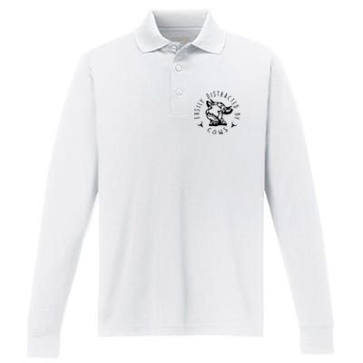 Easily Distracted By Cows Funny Cow Performance Long Sleeve Polo