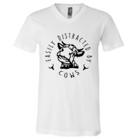 Easily Distracted By Cows Funny Cow V-Neck T-Shirt