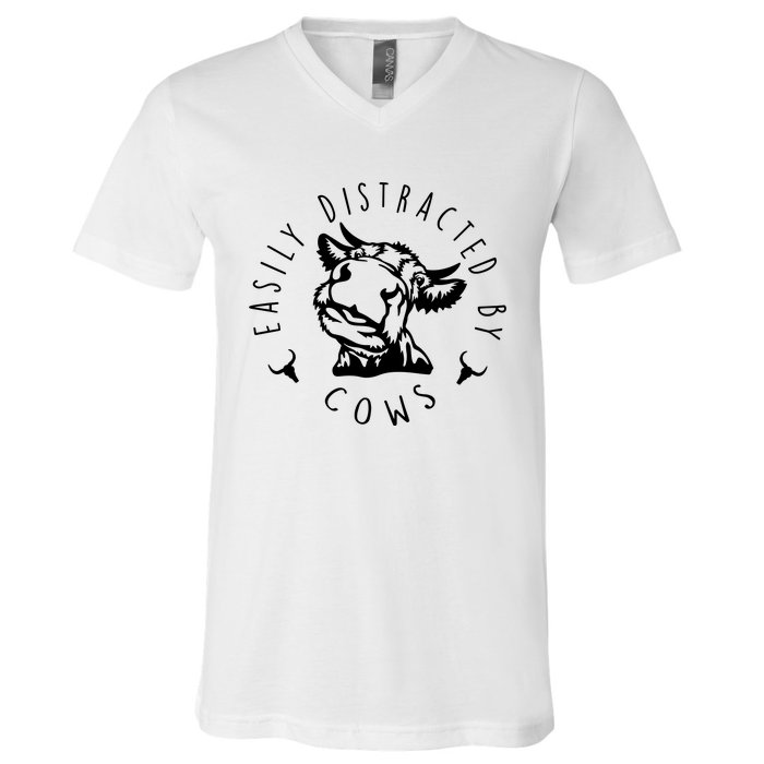 Easily Distracted By Cows Funny Cow V-Neck T-Shirt