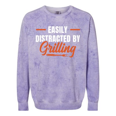 Easily Distraced By Grilling Barbecue Grill Master Steak Bbq Gift Colorblast Crewneck Sweatshirt