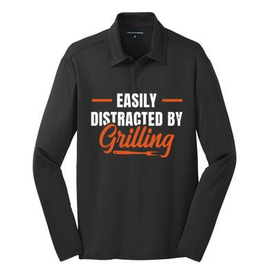 Easily Distraced By Grilling Barbecue Grill Master Steak Bbq Gift Silk Touch Performance Long Sleeve Polo