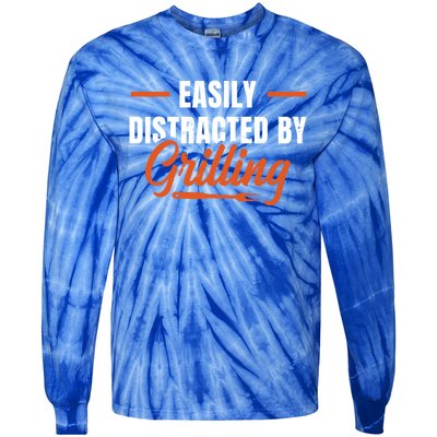 Easily Distraced By Grilling Barbecue Grill Master Steak Bbq Gift Tie-Dye Long Sleeve Shirt