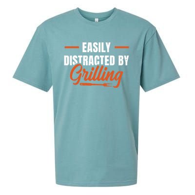 Easily Distraced By Grilling Barbecue Grill Master Steak Bbq Gift Sueded Cloud Jersey T-Shirt