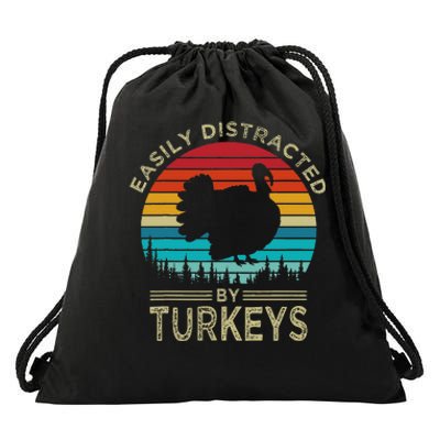 Easily Distracted By Turkeys Vintage Funny Turkey Drawstring Bag