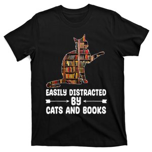 Easily Distracted by Cats And Books Funny Cat Lover T-Shirt