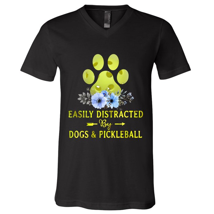 EASILY DISTRACTED BY DOGS & PICKLEBALL LQT V-Neck T-Shirt