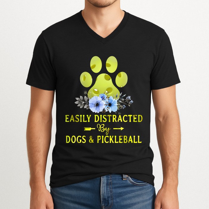 EASILY DISTRACTED BY DOGS & PICKLEBALL LQT V-Neck T-Shirt