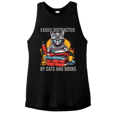 Easily Distracted By Cats And Books Book Lovers Ladies PosiCharge Tri-Blend Wicking Tank