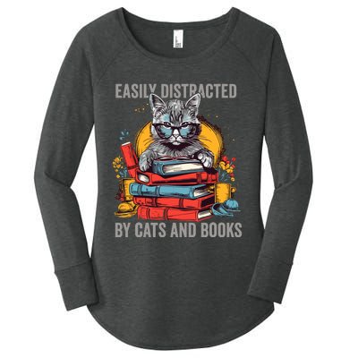 Easily Distracted By Cats And Books Book Lovers Women's Perfect Tri Tunic Long Sleeve Shirt