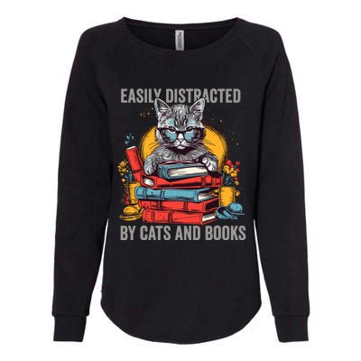 Easily Distracted By Cats And Books Book Lovers Womens California Wash Sweatshirt