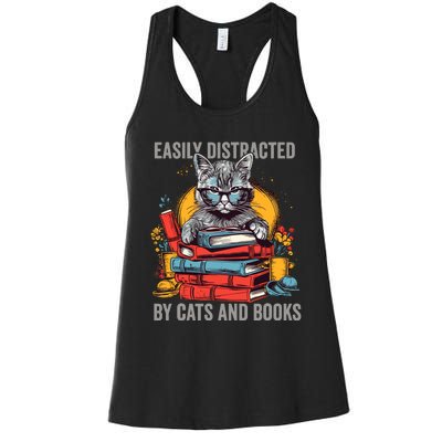 Easily Distracted By Cats And Books Book Lovers Women's Racerback Tank