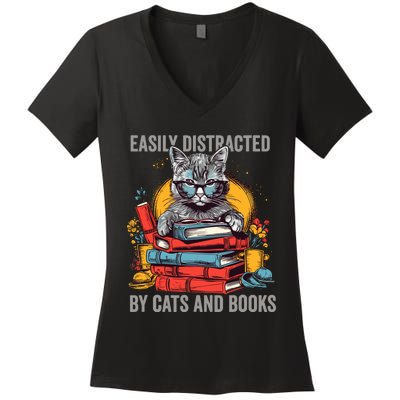 Easily Distracted By Cats And Books Book Lovers Women's V-Neck T-Shirt