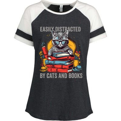 Easily Distracted By Cats And Books Book Lovers Enza Ladies Jersey Colorblock Tee