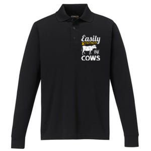 Easily Distracted By Cows Funny Cow Famers Performance Long Sleeve Polo