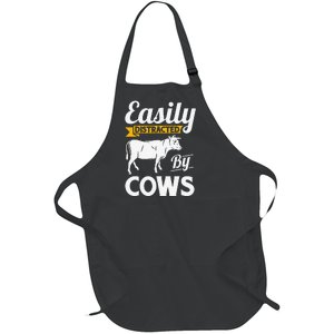 Easily Distracted By Cows Funny Cow Famers Full-Length Apron With Pockets