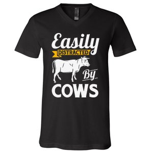 Easily Distracted By Cows Funny Cow Famers V-Neck T-Shirt