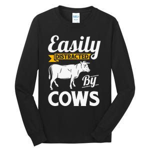 Easily Distracted By Cows Funny Cow Famers Tall Long Sleeve T-Shirt