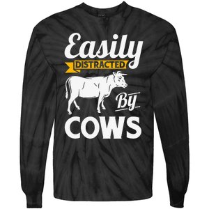 Easily Distracted By Cows Funny Cow Famers Tie-Dye Long Sleeve Shirt