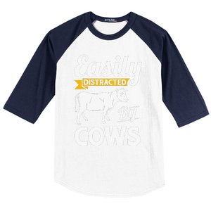 Easily Distracted By Cows Funny Cow Famers Baseball Sleeve Shirt