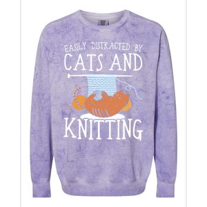 Easily Distracted By Cats And Knitting Crochet Kitty Lover Gift Colorblast Crewneck Sweatshirt