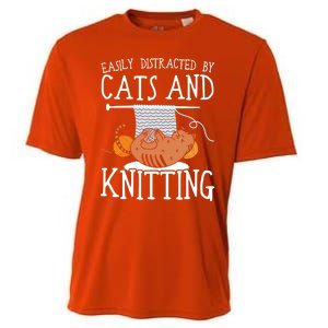 Easily Distracted By Cats And Knitting Crochet Kitty Lover Gift Cooling Performance Crew T-Shirt