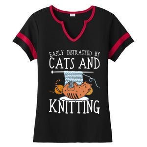 Easily Distracted By Cats And Knitting Crochet Kitty Lover Gift Ladies Halftime Notch Neck Tee