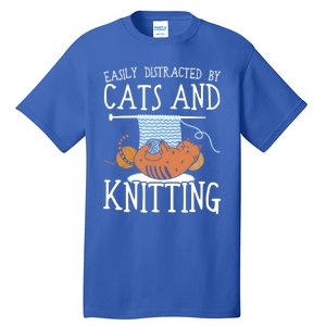 Easily Distracted By Cats And Knitting Crochet Kitty Lover Gift Tall T-Shirt