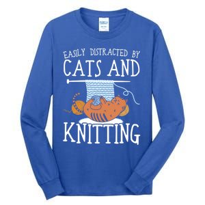 Easily Distracted By Cats And Knitting Crochet Kitty Lover Gift Tall Long Sleeve T-Shirt