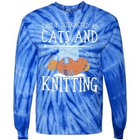 Easily Distracted By Cats And Knitting Crochet Kitty Lover Gift Tie-Dye Long Sleeve Shirt