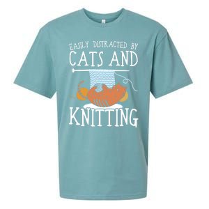 Easily Distracted By Cats And Knitting Crochet Kitty Lover Gift Sueded Cloud Jersey T-Shirt