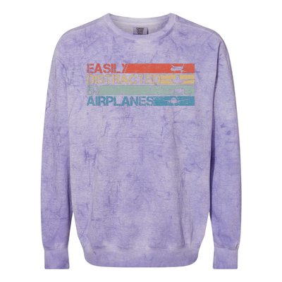 Easily Distracted By Airplanes Aviation Pilot Airplane Lover Colorblast Crewneck Sweatshirt