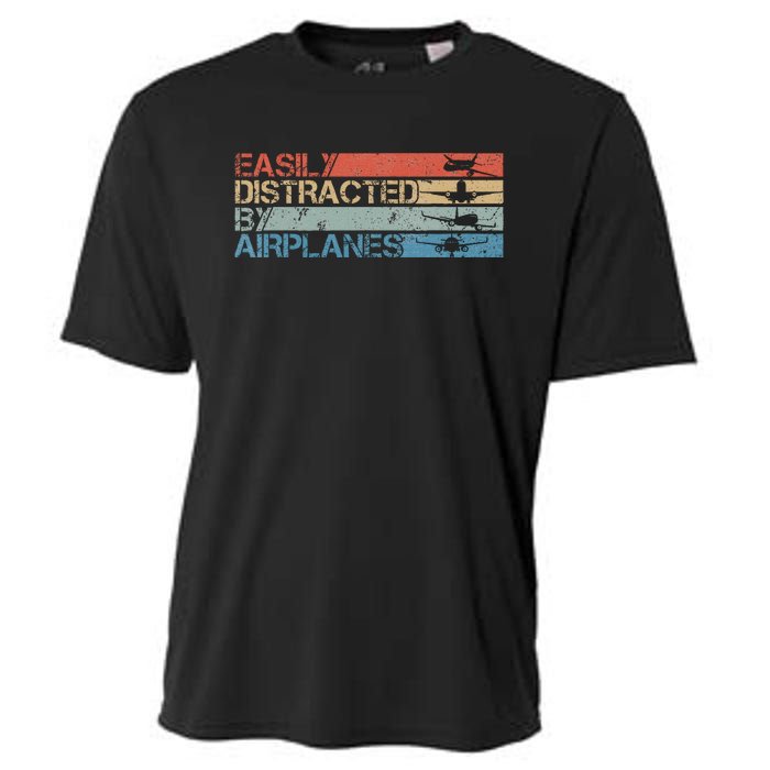 Easily Distracted By Airplanes Aviation Pilot Airplane Lover Cooling Performance Crew T-Shirt