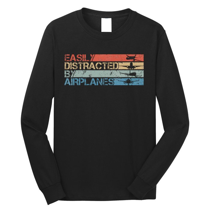 Easily Distracted By Airplanes Aviation Pilot Airplane Lover Long Sleeve Shirt