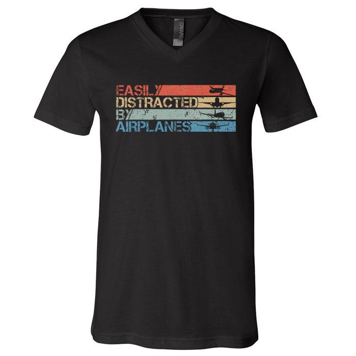 Easily Distracted By Airplanes Aviation Pilot Airplane Lover V-Neck T-Shirt