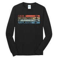 Easily Distracted By Airplanes Aviation Pilot Airplane Lover Tall Long Sleeve T-Shirt