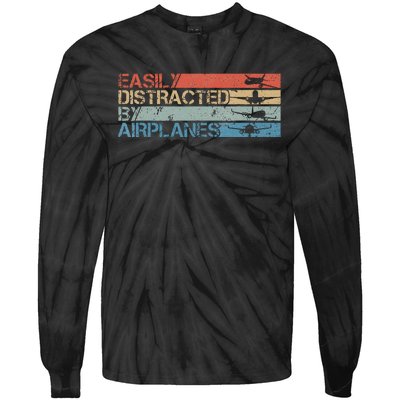 Easily Distracted By Airplanes Aviation Pilot Airplane Lover Tie-Dye Long Sleeve Shirt