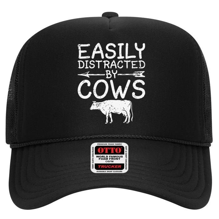 Easily Distracted by Cows funny Cow Famer High Crown Mesh Back Trucker Hat