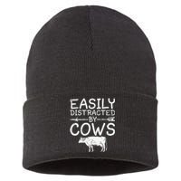 Easily Distracted by Cows funny Cow Famer Sustainable Knit Beanie