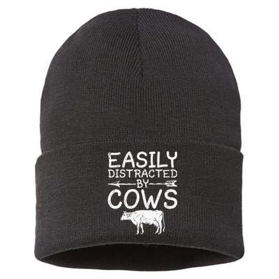 Easily Distracted by Cows funny Cow Famer Sustainable Knit Beanie