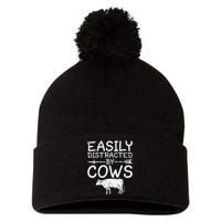 Easily Distracted by Cows funny Cow Famer Pom Pom 12in Knit Beanie