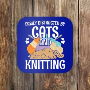 Easily Distracted By Cats And Knitting Crochet Kitty Lover Cute Gift Coaster