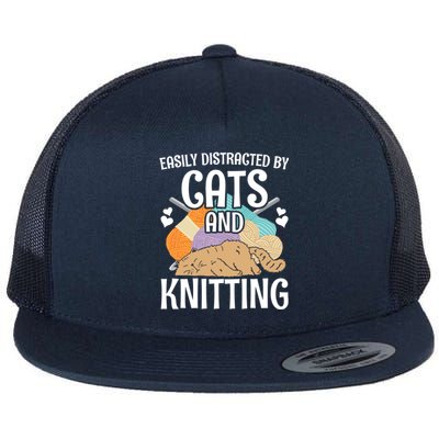 Easily Distracted By Cats And Knitting Crochet Kitty Lover Cute Gift Flat Bill Trucker Hat