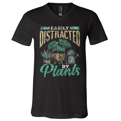 Easily Distracted By Plants Botanics Gardening Botanist V-Neck T-Shirt